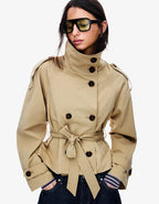 Women's belted trench jacket with high collar, long sleeves and front buttons