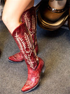 Women's knee-high Western cowboy boots with embroidered shafts