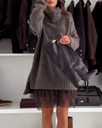 Women's turtleneck sweater with short lace-edged two-piece layer