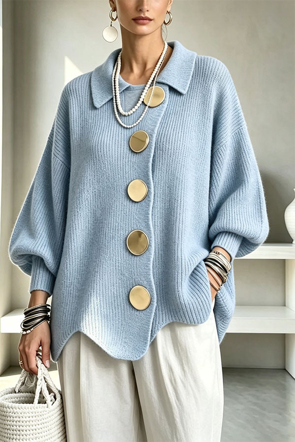 Women's oversized ribbed cardigan with collared neckline, balloon sleeves and large front buttons