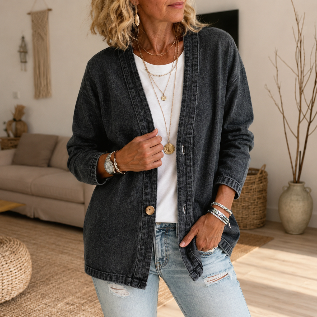 Women's collarless button-down cardigan with long sleeves and hip-length cut