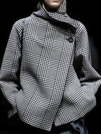 Men's brown houndstooth jacket with stand collar and asymmetric button front
