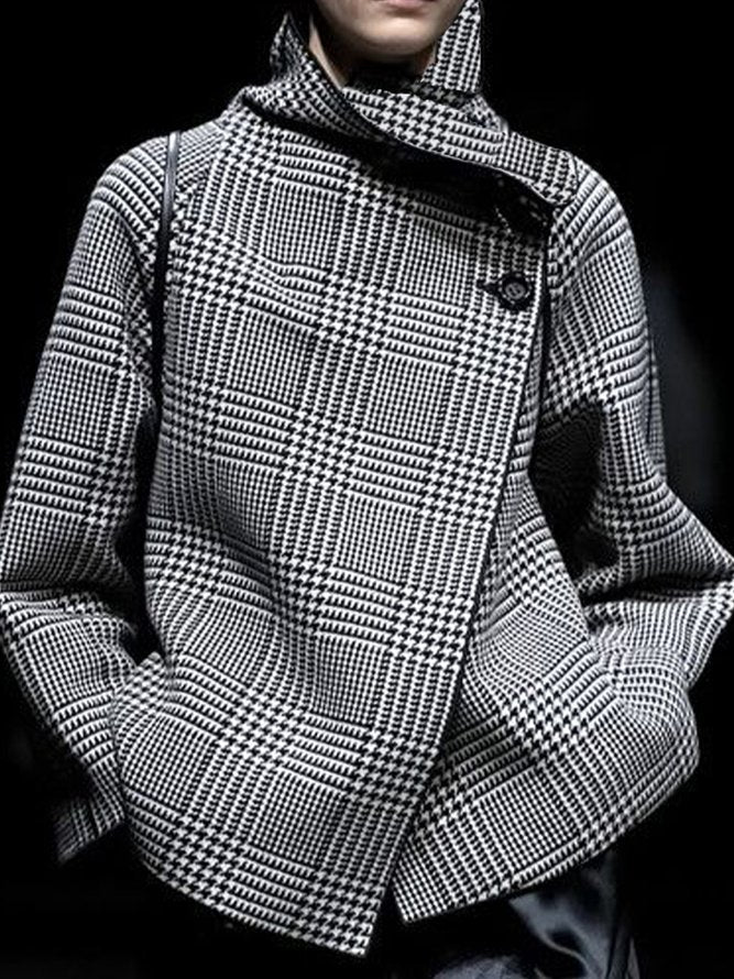Men's brown houndstooth jacket with stand collar and asymmetric button front