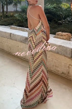 Women's multicoloured herringbone maxi dress with V-neck and spaghetti straps