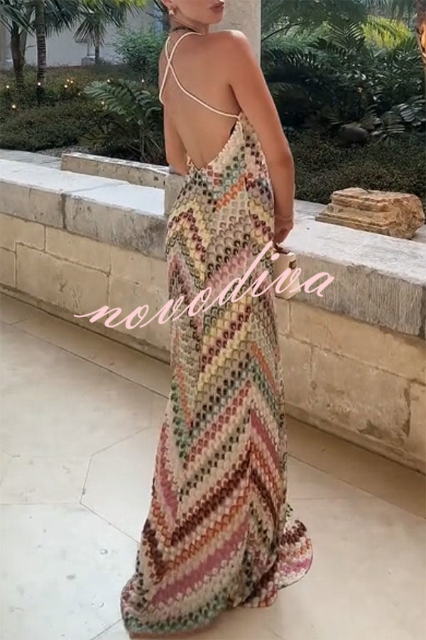 Women's multicoloured herringbone maxi dress with V-neck and spaghetti straps