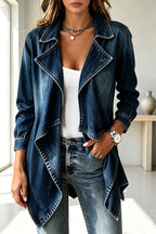 Women's mid-length denim lapel jacket with long sleeves