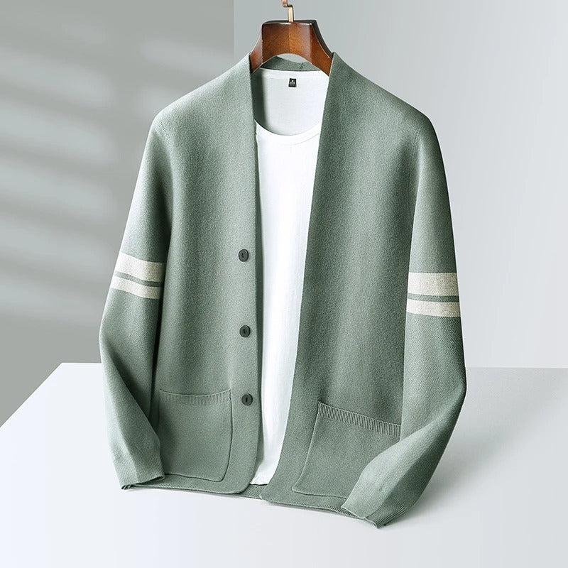 Men's cardigan with button front, patch pockets and striped long sleeves
