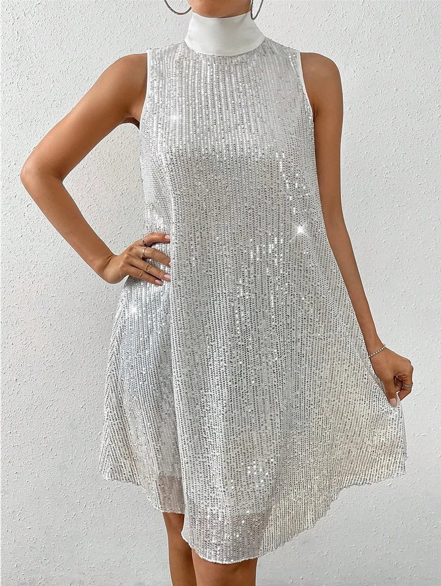 Women's sleeveless sequin mock neck mini dress with A-line shape