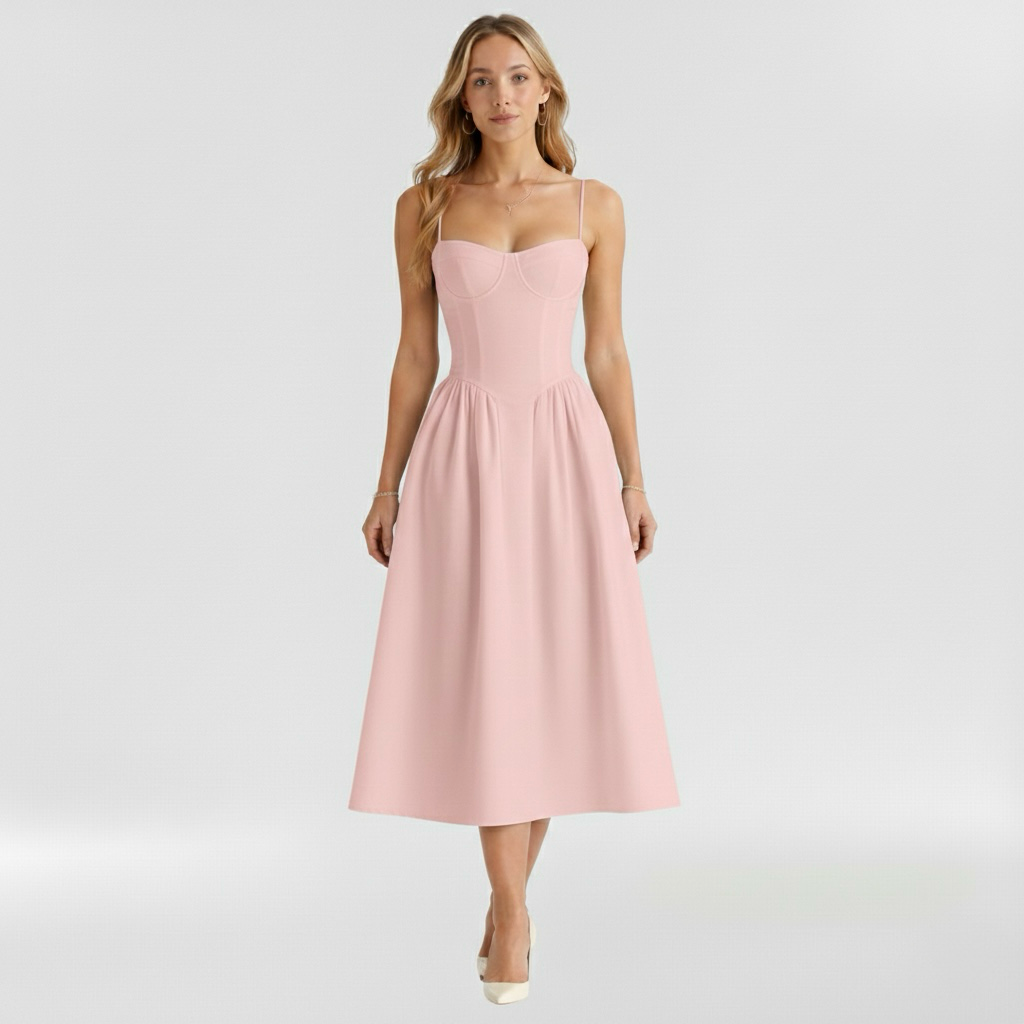 Women's floral corset midi dress with sweetheart neckline and spaghetti straps