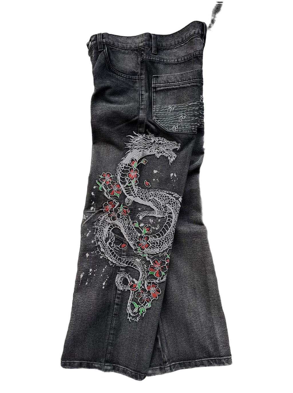 Dark washed wide leg jeans with dragon and floral embroidery