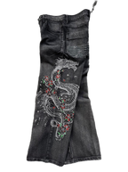 Dark washed wide leg jeans with dragon and floral embroidery