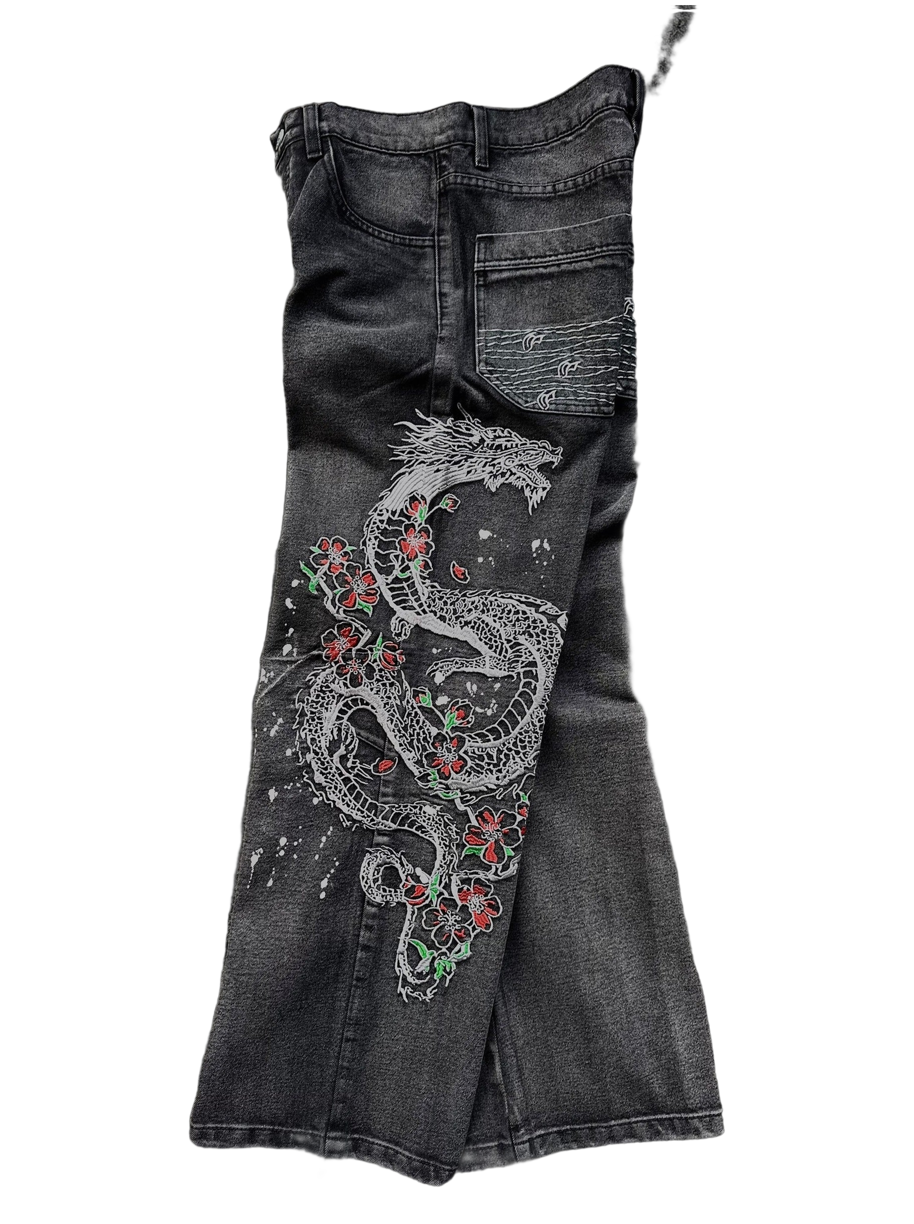 Dark washed wide leg jeans with dragon and floral embroidery
