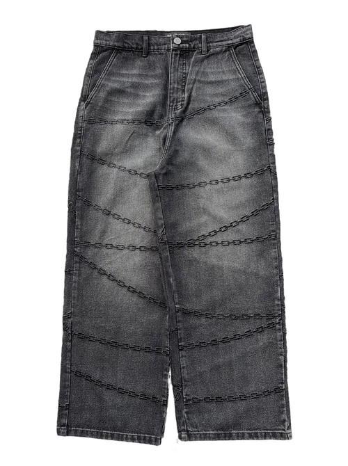 Men's gray denim shorts with chain graphics, belt loops and rear pockets