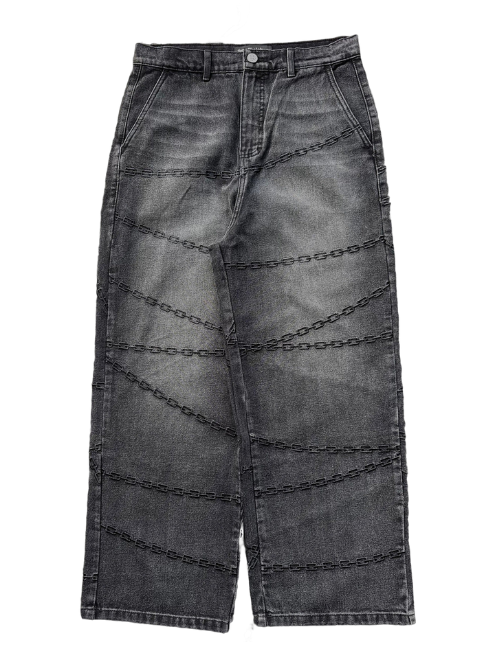 Men's gray denim shorts with chain graphics, belt loops and rear pockets