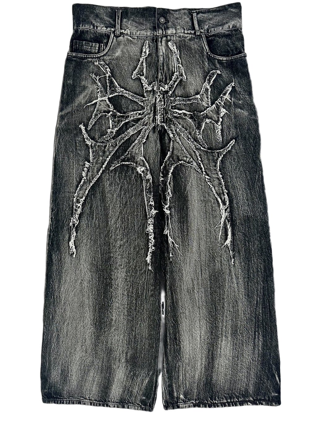 Gray wide leg jeans with frayed spiderweb detailing