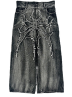 Gray wide leg jeans with frayed spiderweb detailing