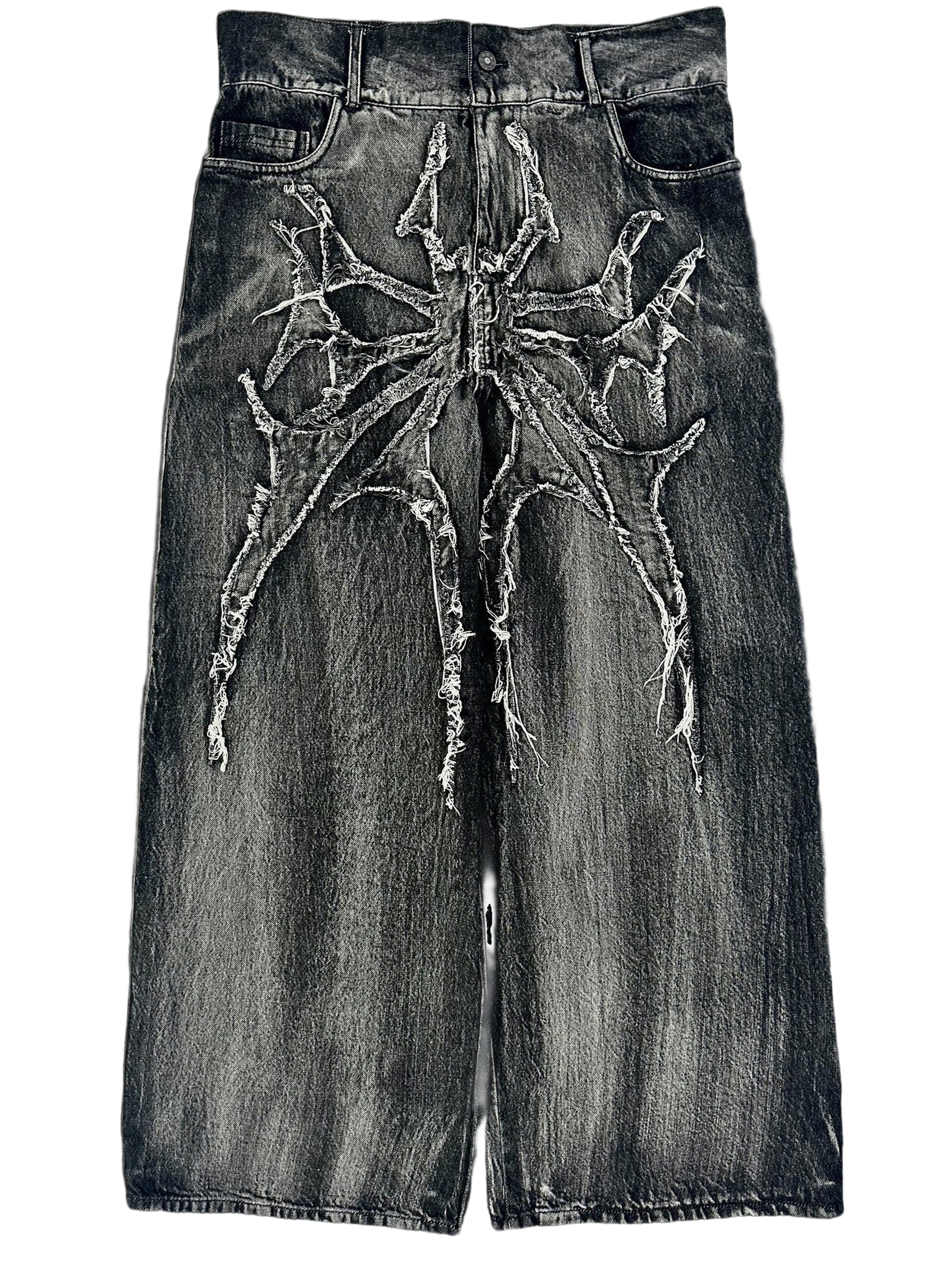 Gray wide leg jeans with frayed spiderweb detailing