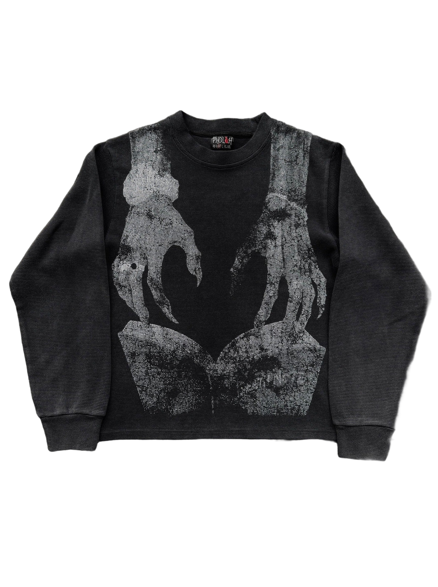 Dark graphic sweatshirt with contrasting front figure design