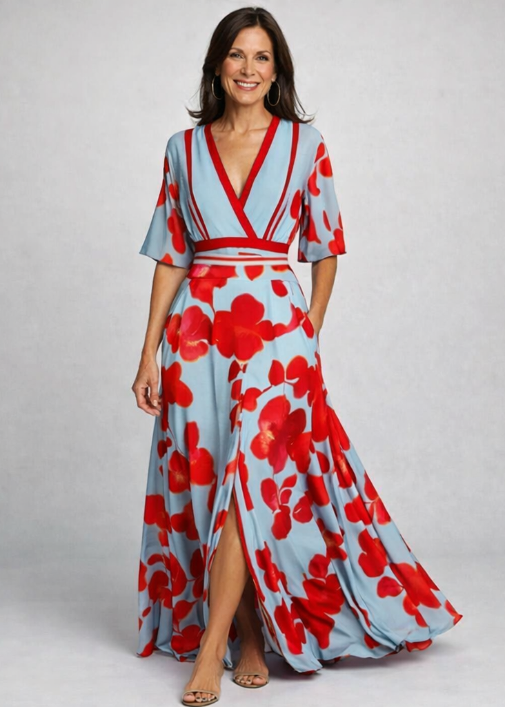 Women's floral wrap maxi dress with V-neckline and three-quarter sleeves
