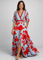 Women's floral wrap maxi dress with V-neckline and three-quarter sleeves