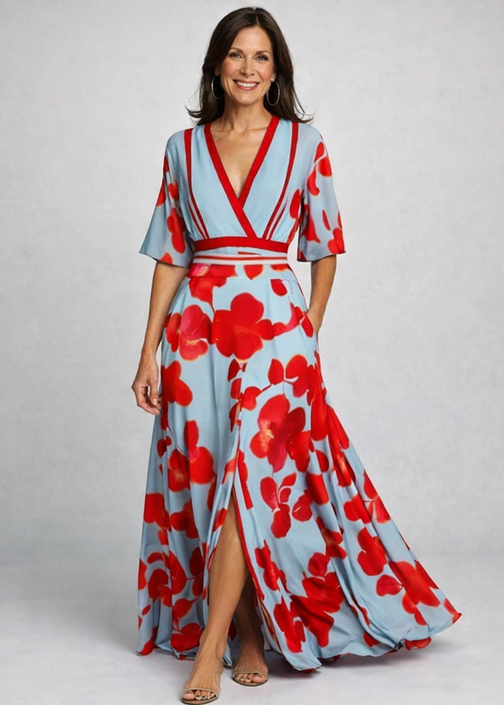Women's floral wrap maxi dress with V-neckline and three-quarter sleeves