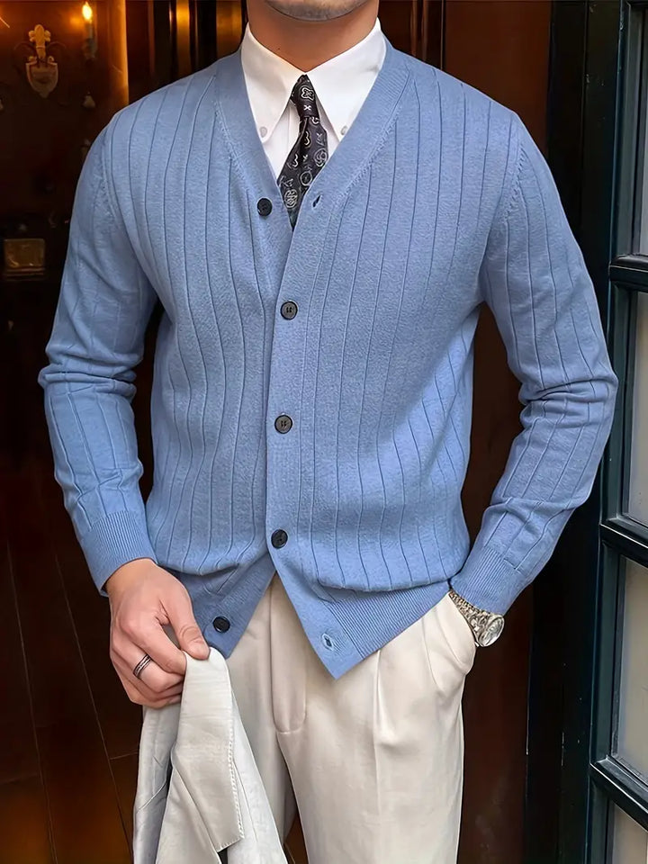Men's ribbed button cardigan with V-neckline and long sleeves