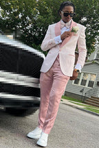 Men's pink jacquard three-piece suit with shawl lapel and matching trousers