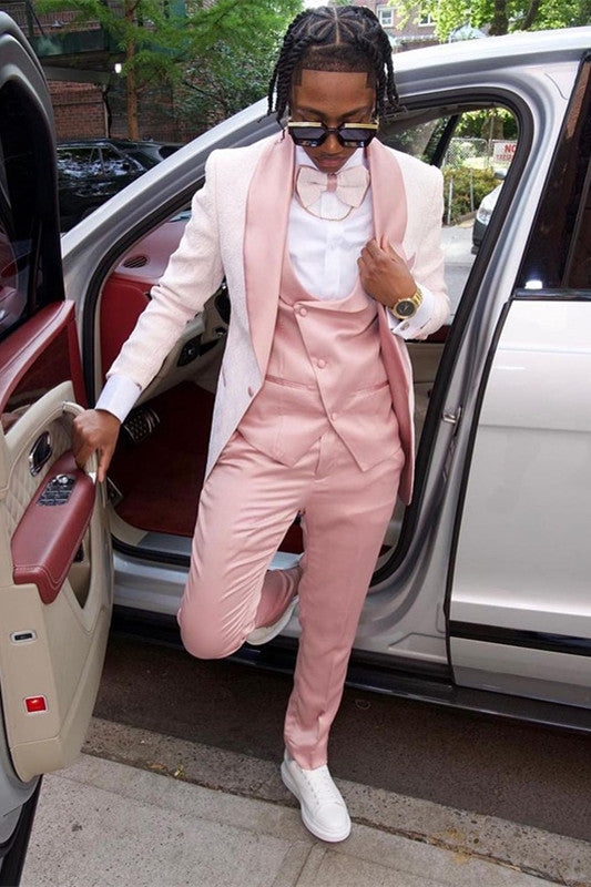 Men's pink jacquard three-piece suit with shawl lapel and matching trousers
