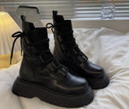 Women's lace-up ankle boots with round toes and treaded soles