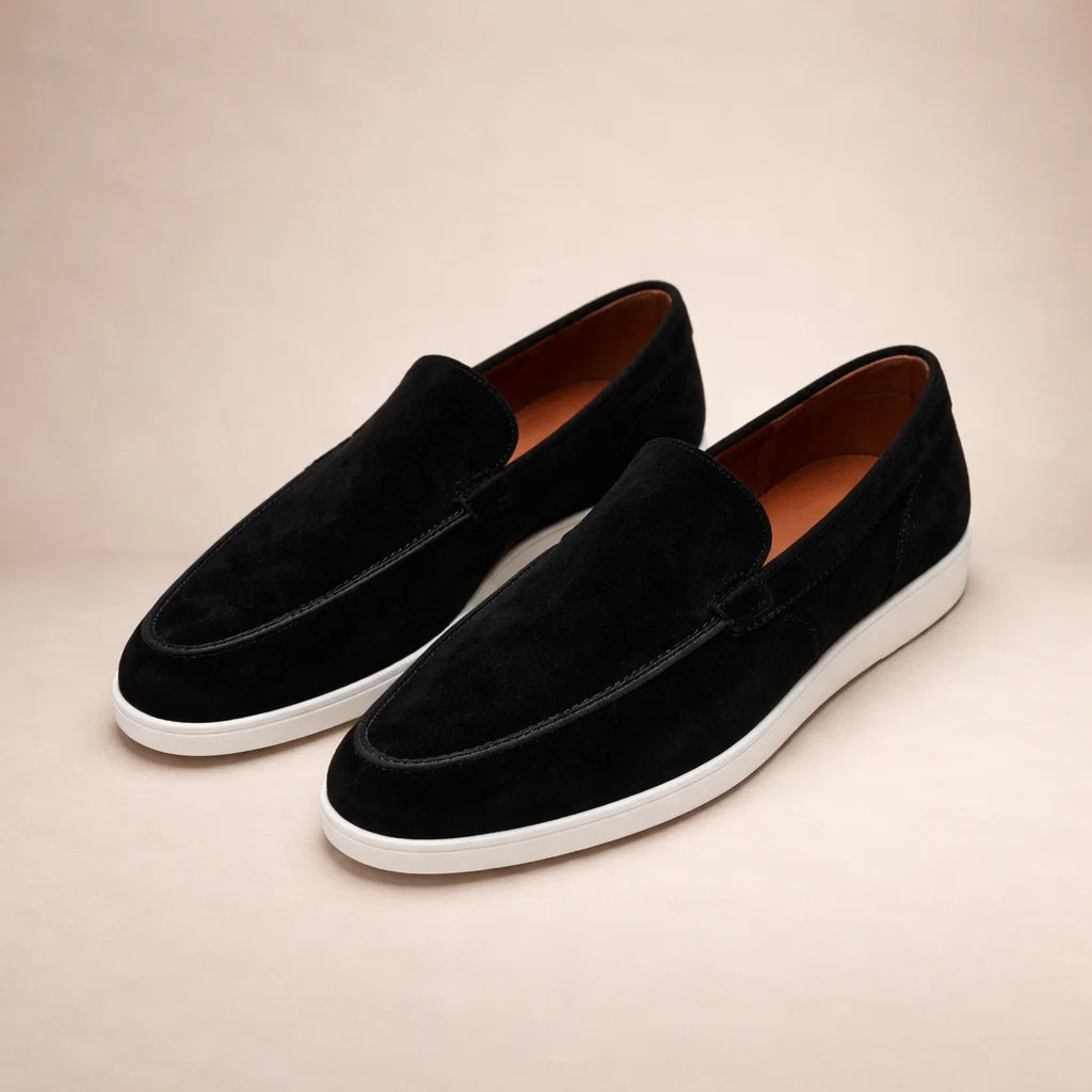 Men's slip-on moc toe loafers with flat white soles