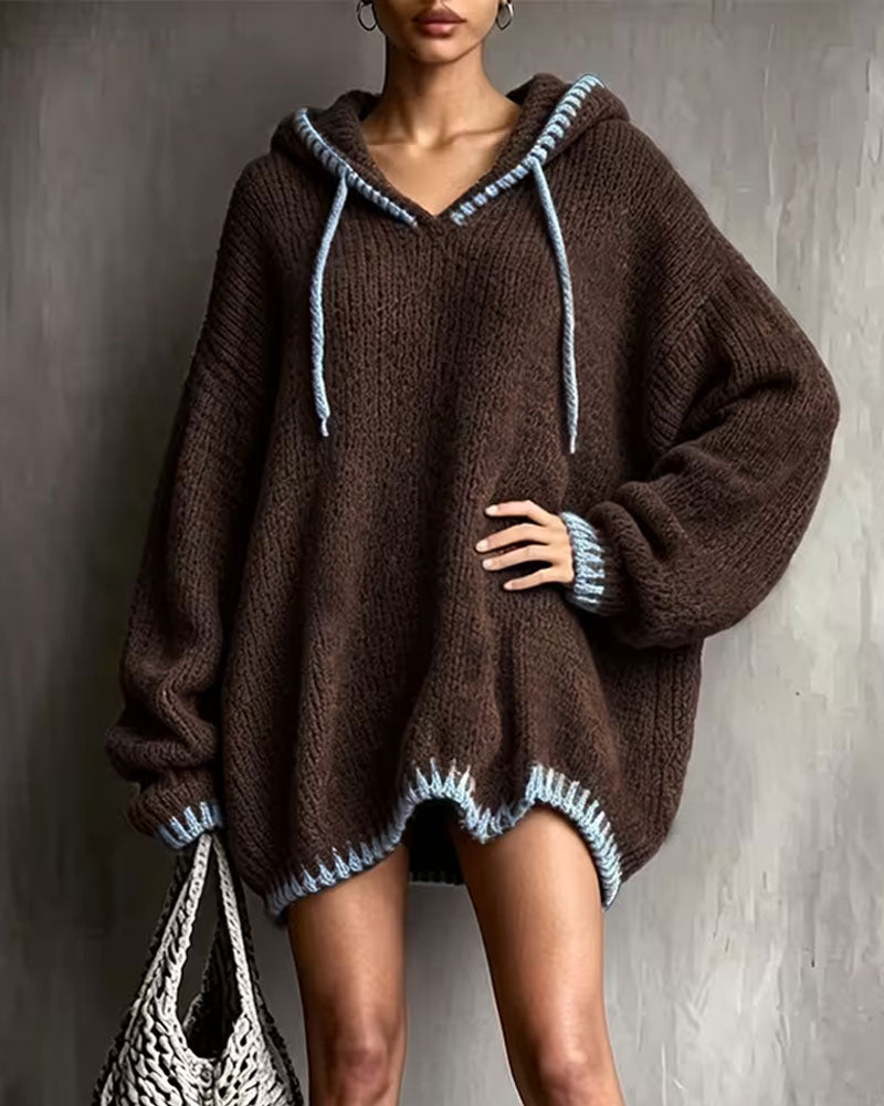 Women's brown hooded knitted mini dress with pale blue contrast trim