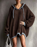 Women's brown hooded knitted mini dress with pale blue contrast trim
