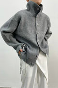 Women's ribbed button-front cardigan with mock neck and long sleeves