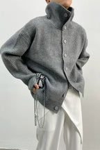 Women's ribbed button-front cardigan with mock neck and long sleeves