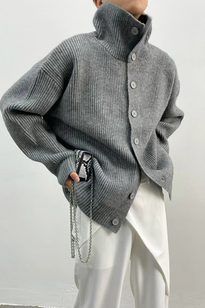 Women's ribbed button-front cardigan with mock neck and long sleeves