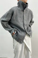 Women's ribbed button-front cardigan with mock neck and long sleeves
