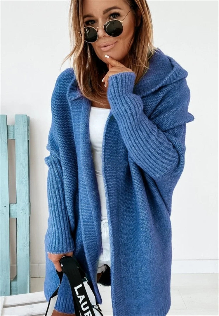Women's oversized hooded cardigan with batwing sleeves and ribbed trims