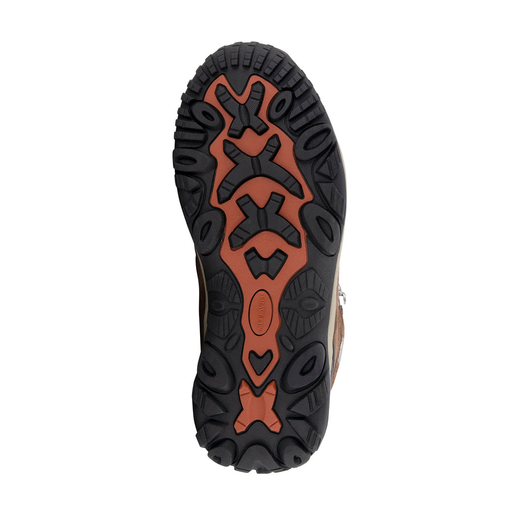 Brown mid-cut hiking boots with orange laces and lugged soles