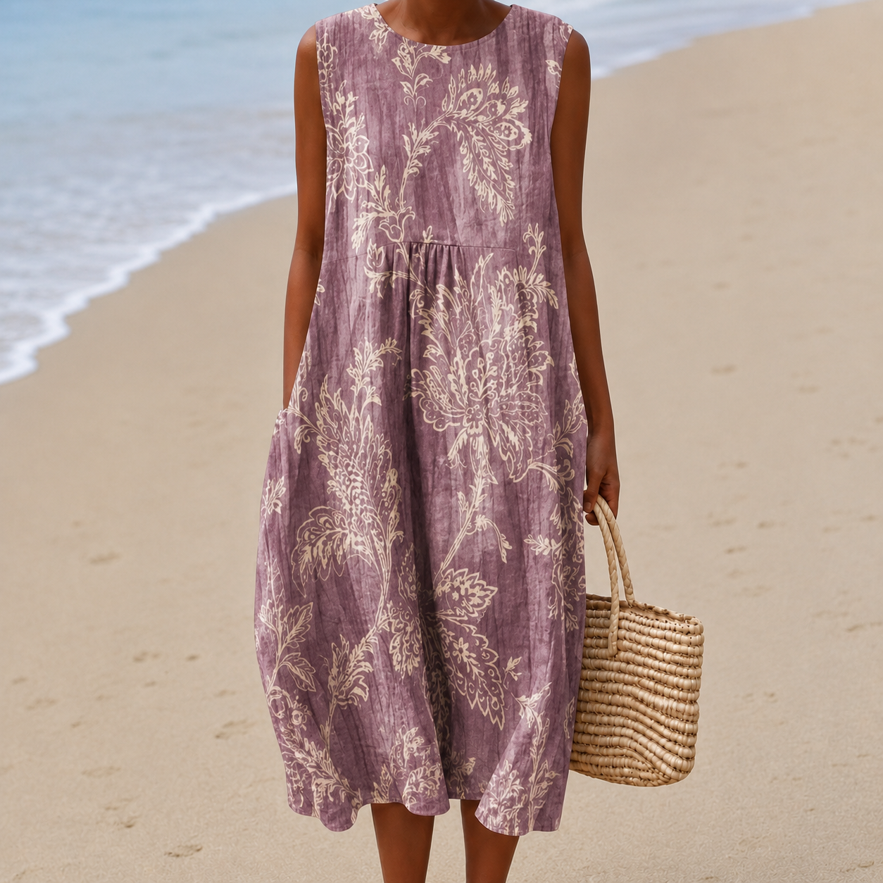 Women's sleeveless floral midi dress with side pockets