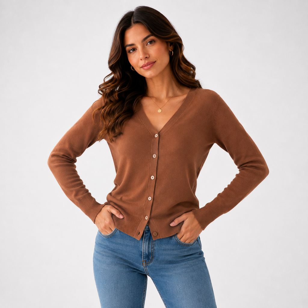 Women's long-sleeve V-neck button-front cardigan with ribbed trims
