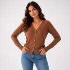 Women's long-sleeve V-neck button-front cardigan with ribbed trims