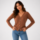 Women's long-sleeve V-neck button-front cardigan with ribbed trims