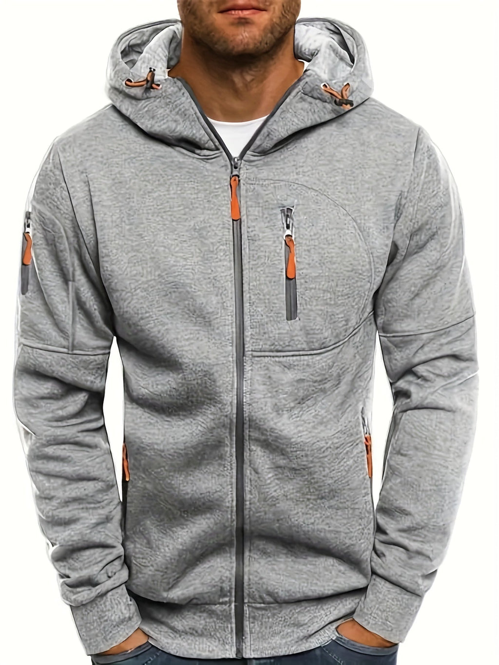 Men's hooded full-zip jacket with multiple zipped pockets and ribbed trims