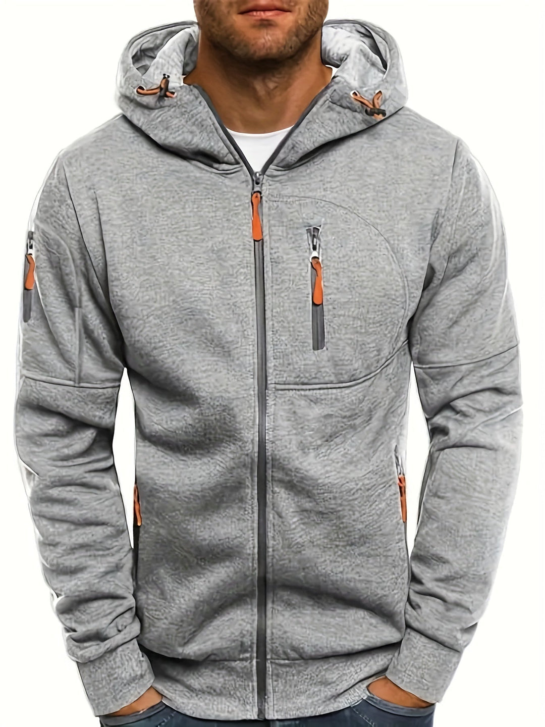 Men's hooded full-zip jacket with multiple zipped pockets and ribbed trims
