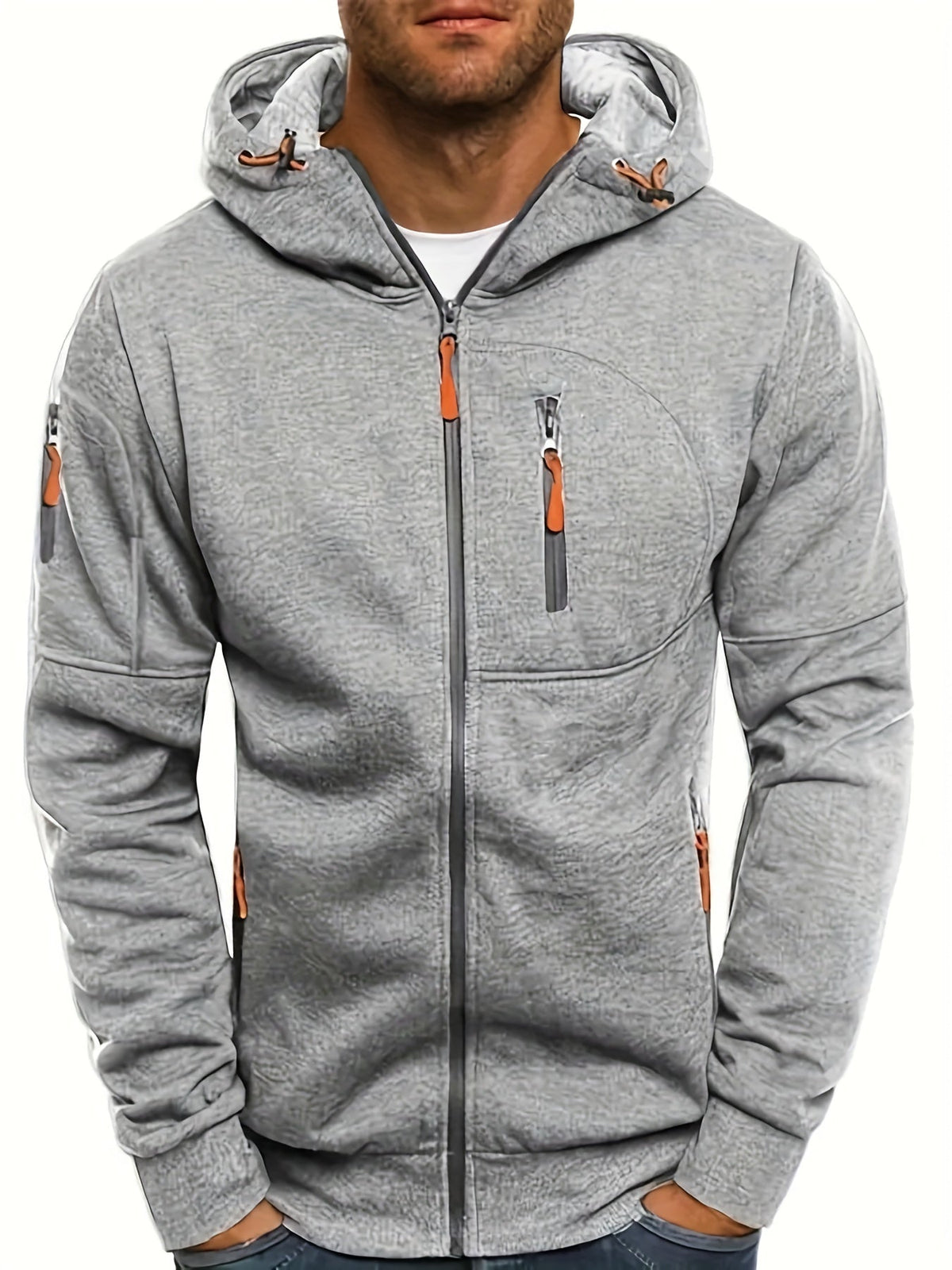 Men's hooded full-zip jacket with multiple zipped pockets and ribbed trims