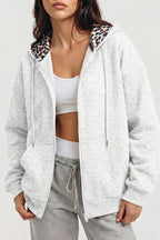 Women's oversized zip hoodie with leopard-lined hood and front pockets