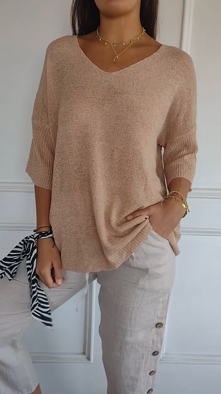 Women's solid-colour knitted V-neck top with long sleeves