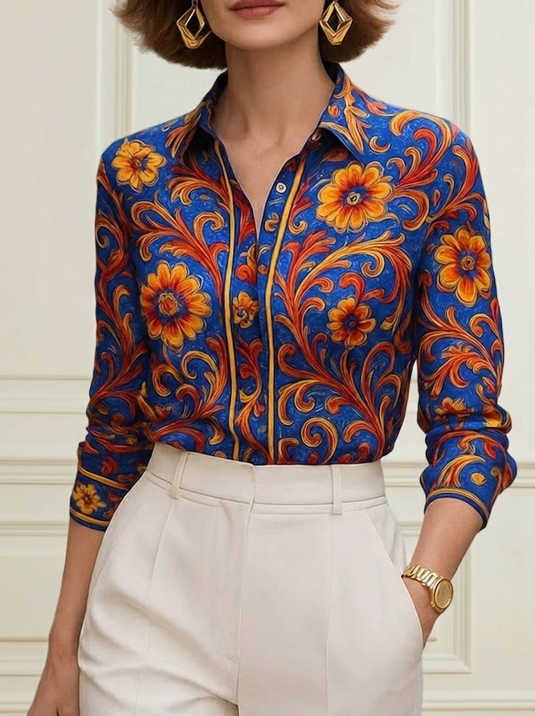 Women's blue floral button blouse with pointed collar and long sleeves