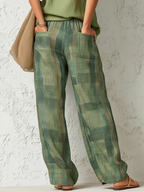 Women's green plaid high-waisted wide-leg trousers