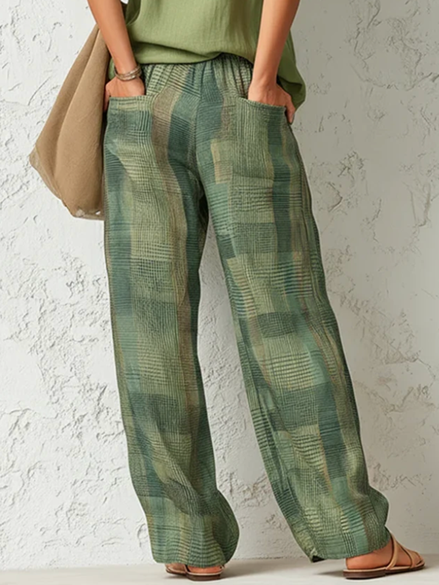 Women's green plaid high-waisted wide-leg trousers